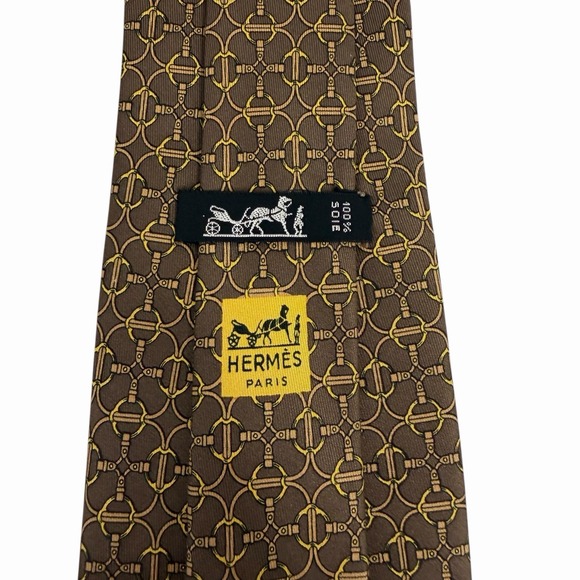 Hermes Men's Tie Geometric Chain Links Brown Silk 687 OA 3.75